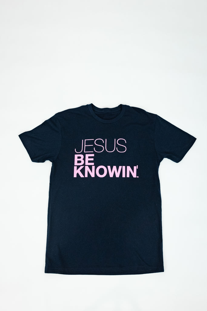Jesus Be Knowin' | Navy Blue + Pink Print Tee