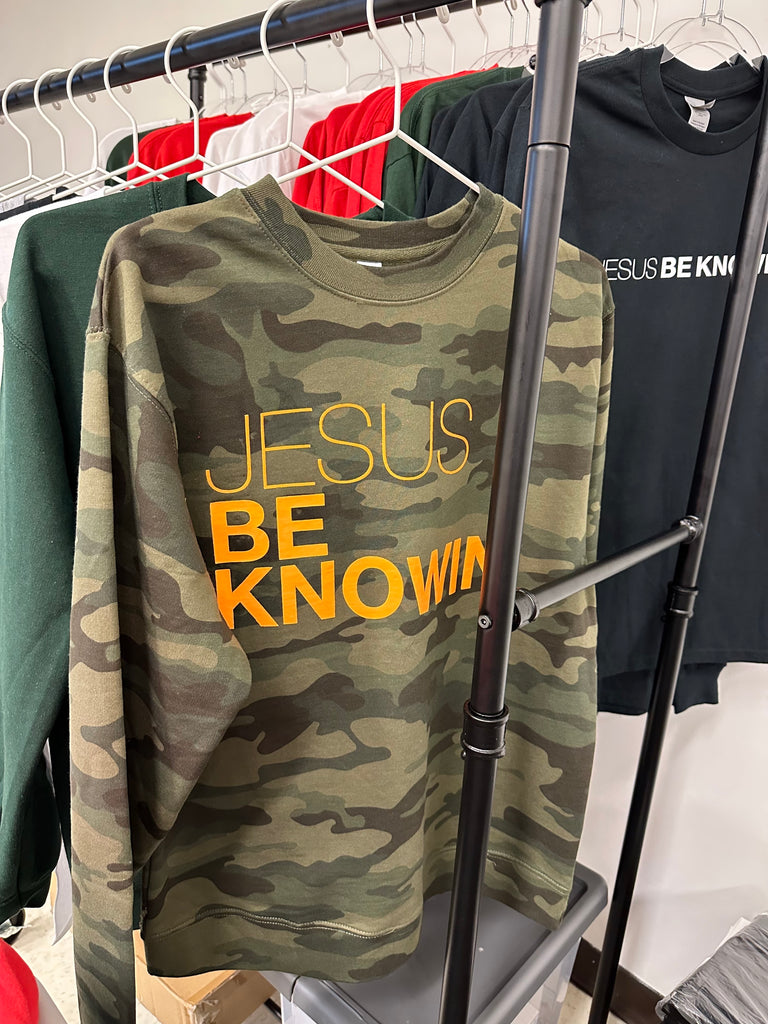 PRE-ORDER || Jesus Be Knowin' | Camo + Neon Orange Sweatshirt